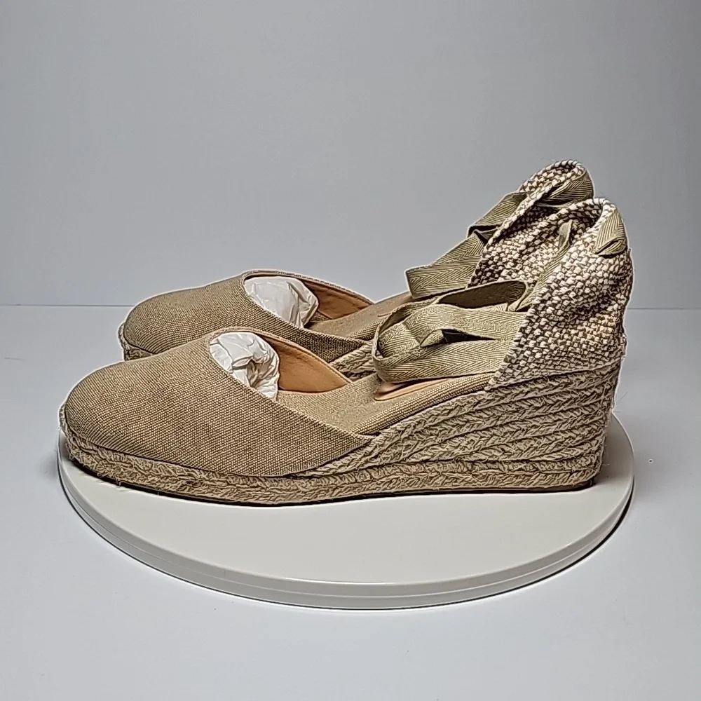 Castañer Carina Espadrille Wedge Sandals Ankle Tie Spain EU 41 US 10 NIB Neutral